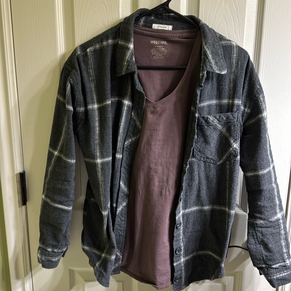 Maurice’s gray flannel shirt with burgundy v-neck t shirt